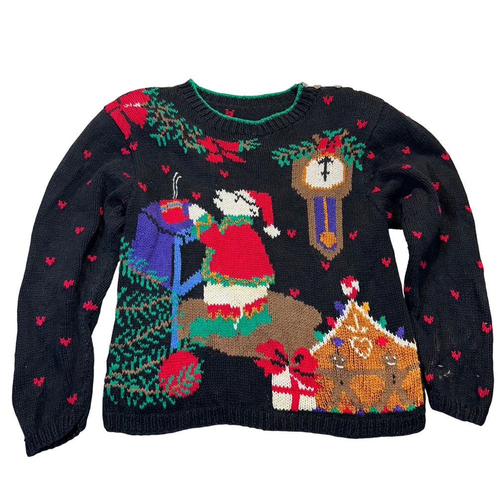 Unbranded Christmas Sweater‎ Womens Medium Black Polar Bear Gingerbread Retro